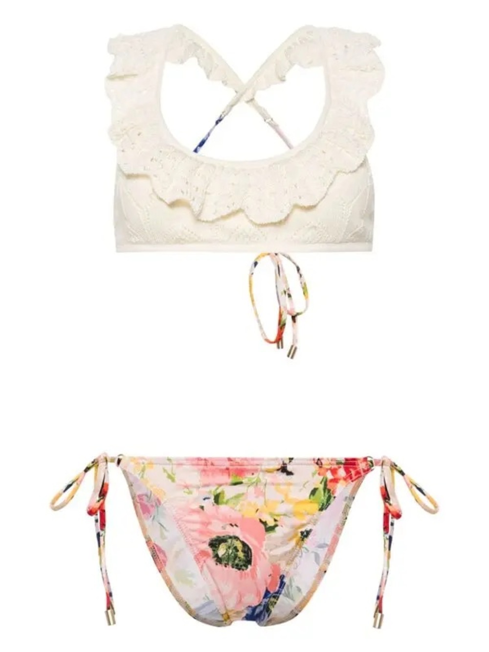 Zimmermann Cream Lace Ruffle Bikini Top with Floral Tie-Side Bottoms